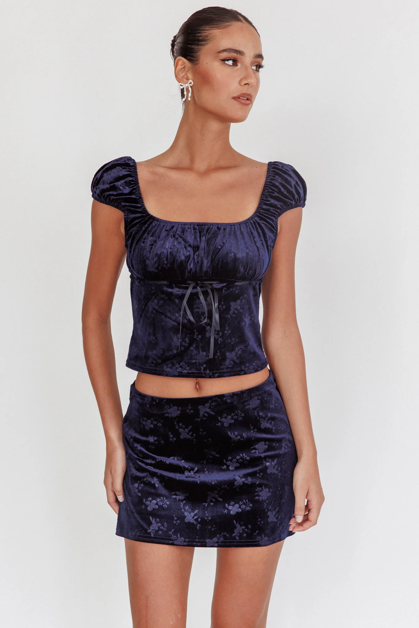 High Rollers Floral Velvet Mini Skirt Navy - Image 6