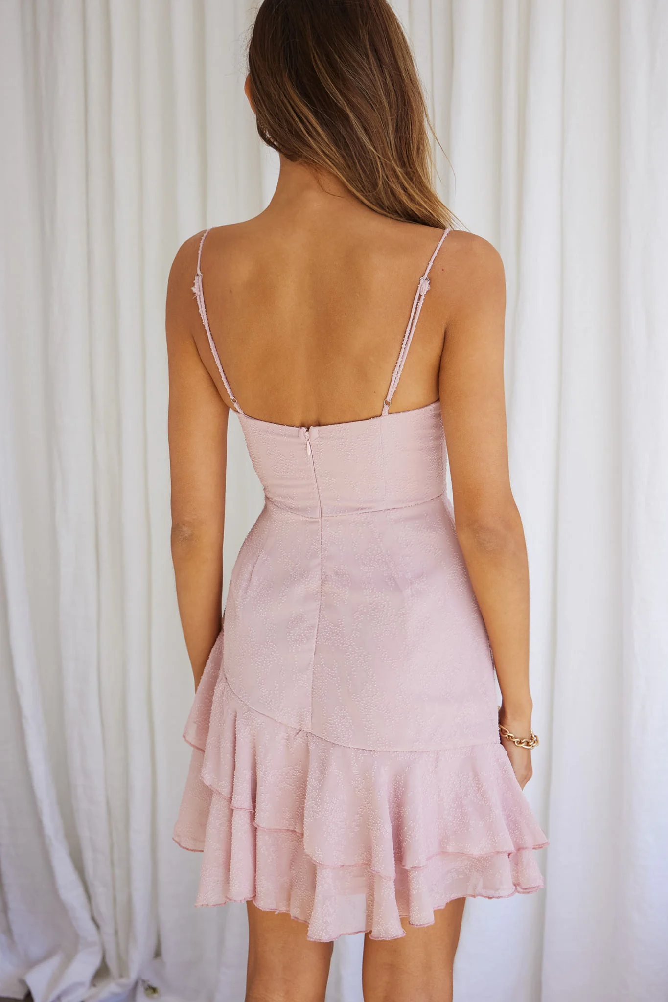 High Society Ruched Drawstring Ruffle Hem Textured Mini Dress Blush - Image 2