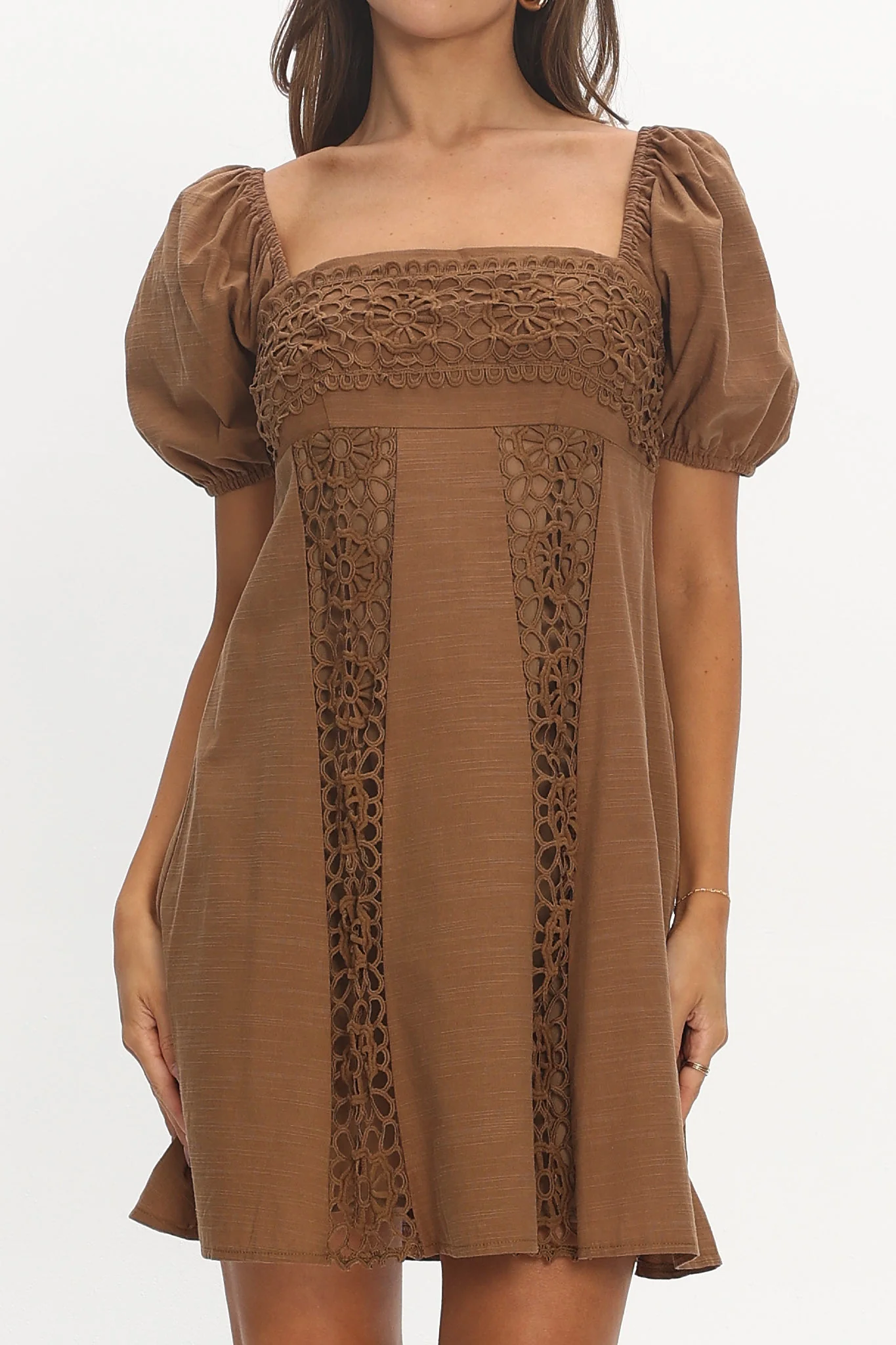 Highlight Reels Puff Sleeve Lace Mini Dress Chocolate - Image 4
