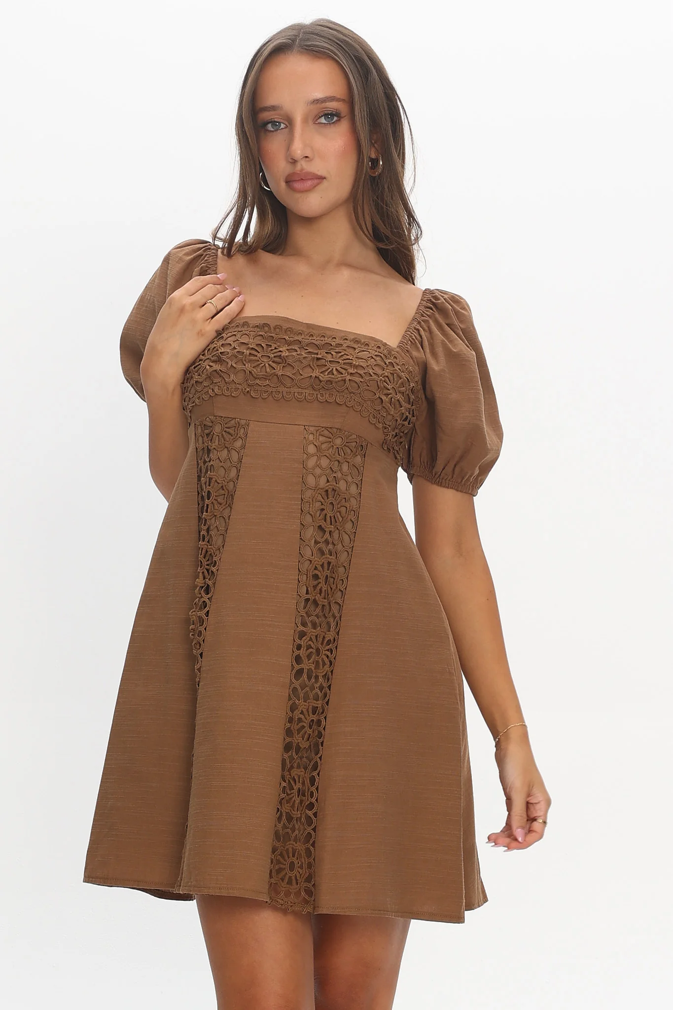 Highlight Reels Puff Sleeve Lace Mini Dress Chocolate - Image 5