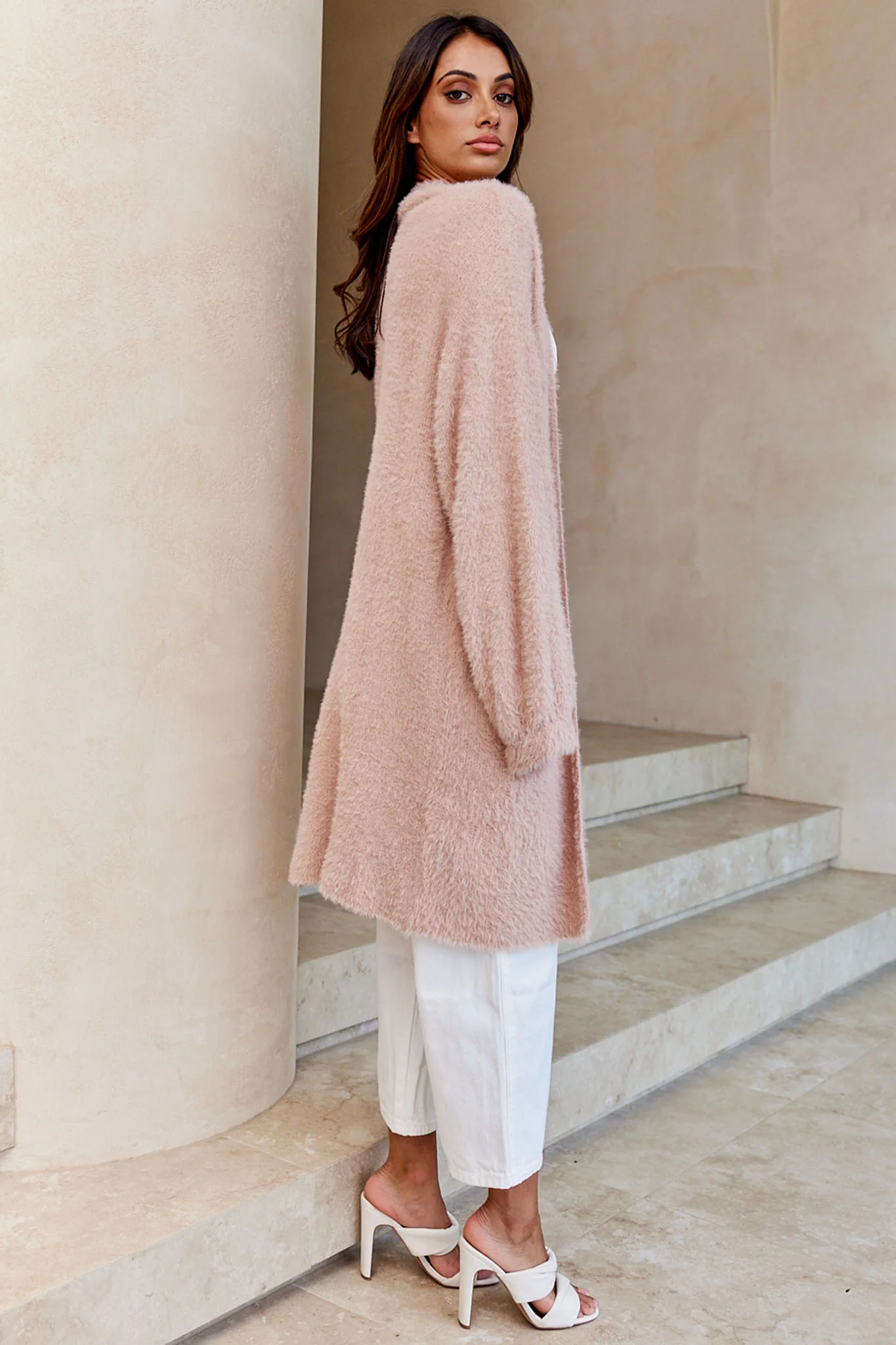 Hold The Phone Long Sleeve Fuzzy Duster Cardigan Blush - Image 2