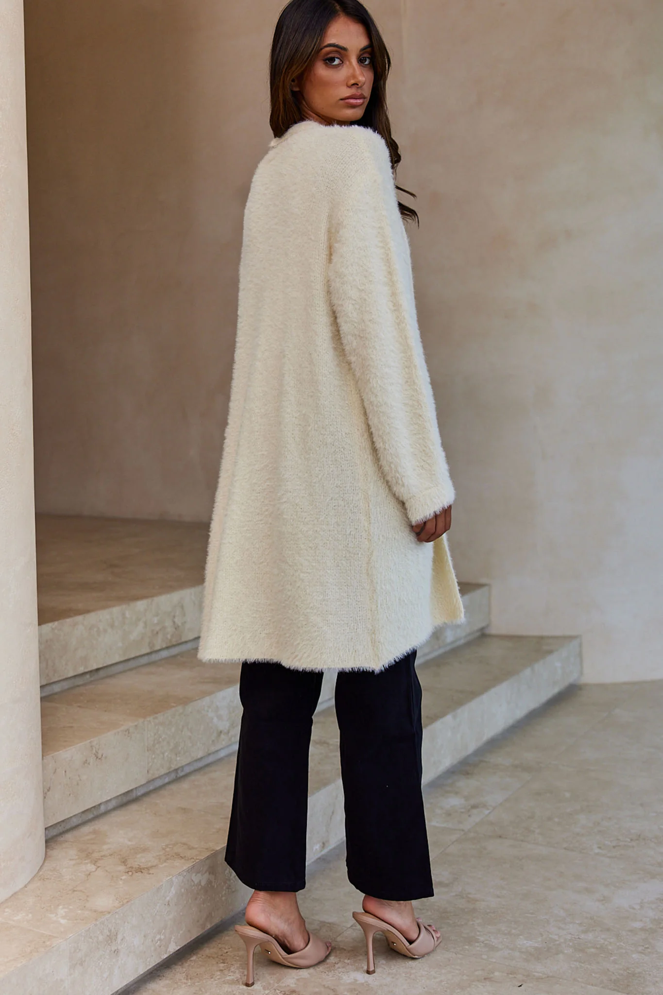 Hold The Phone Long Sleeve Fuzzy Duster Cardigan Cream - Image 2