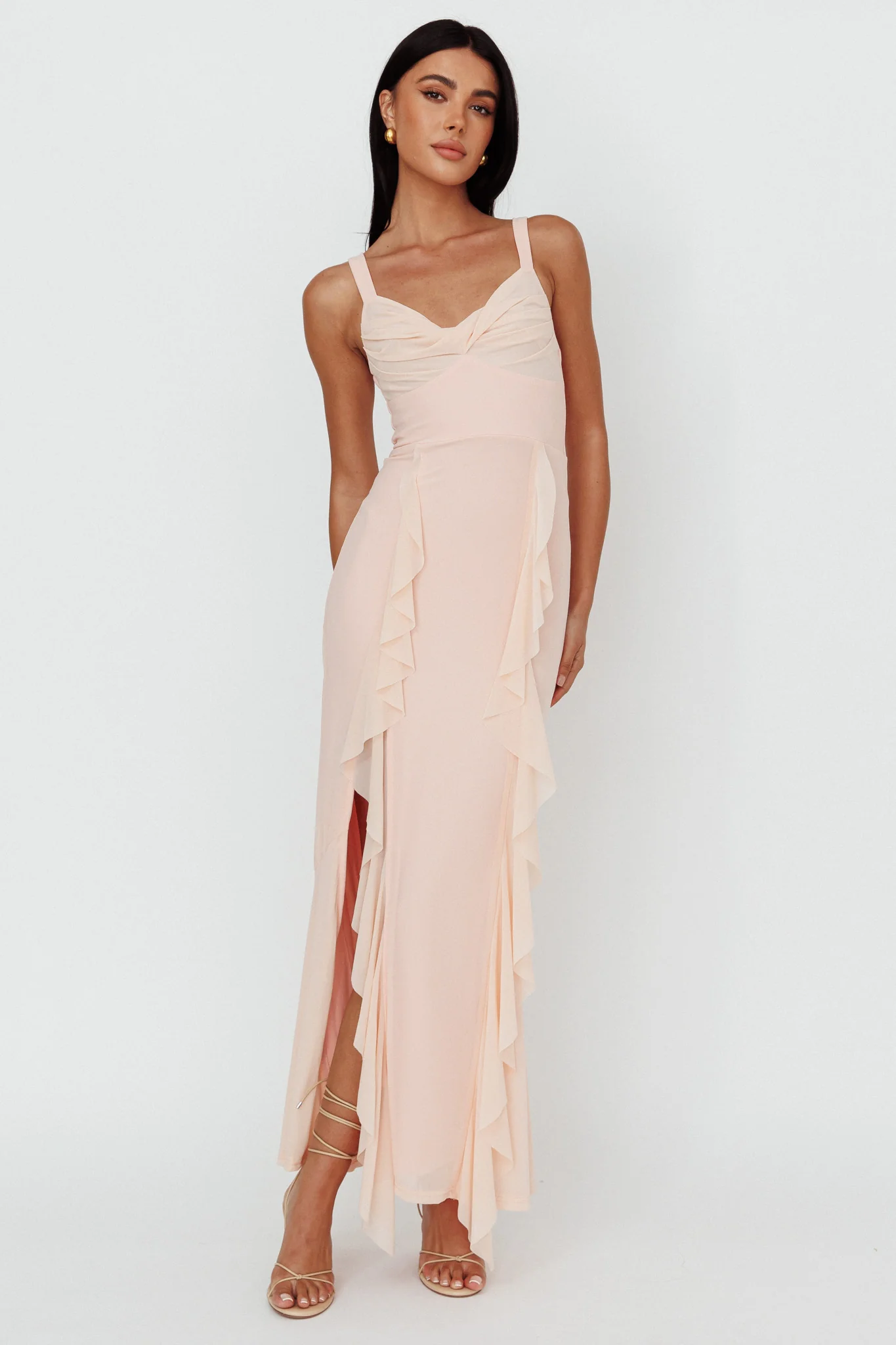 Hollianna Ruffle Trim Split Maxi Dress Champagne - Image 3
