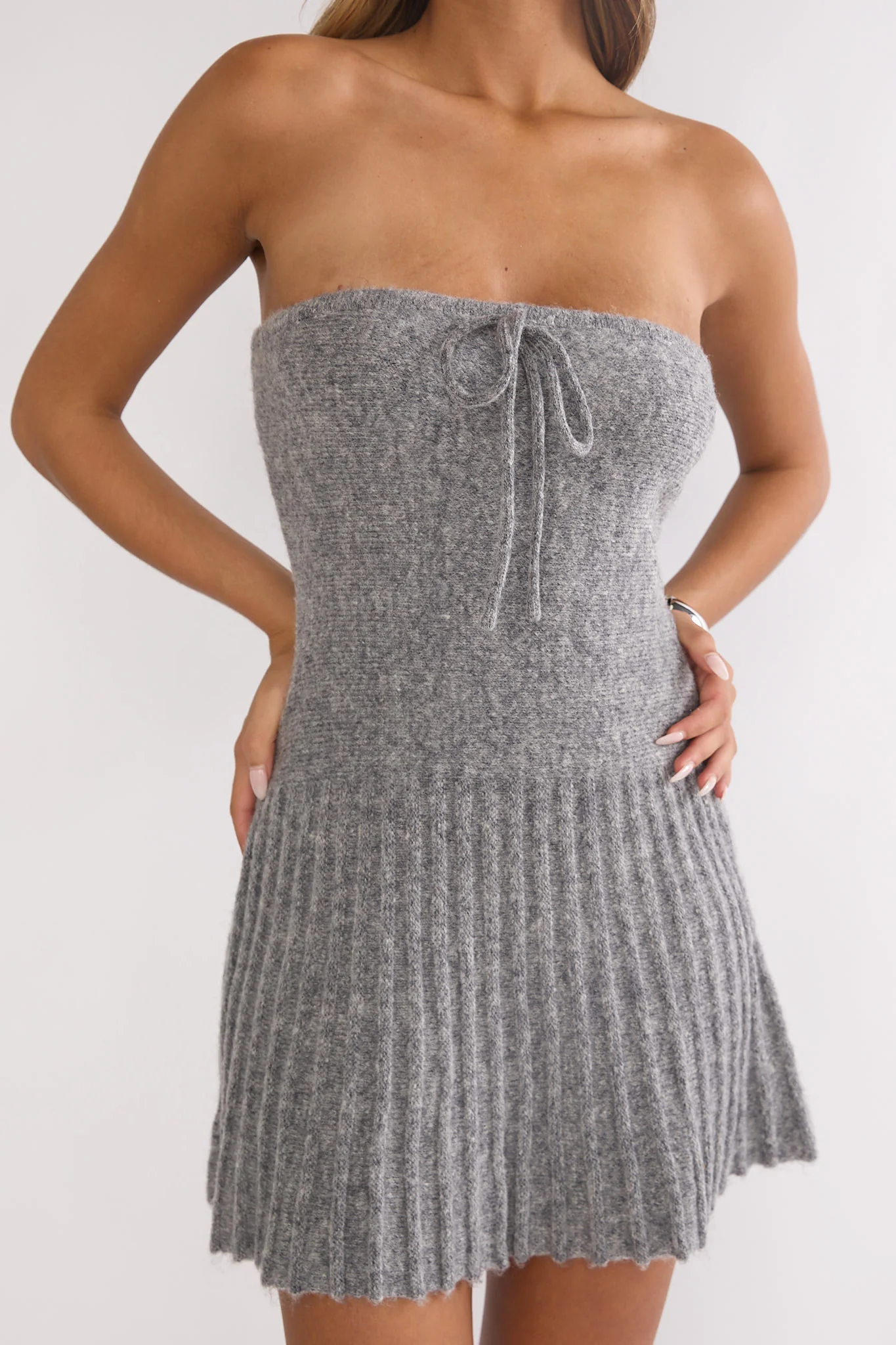 Hollis Strapless Pleat Hem Knit Mini Dress Charocal - Image 4