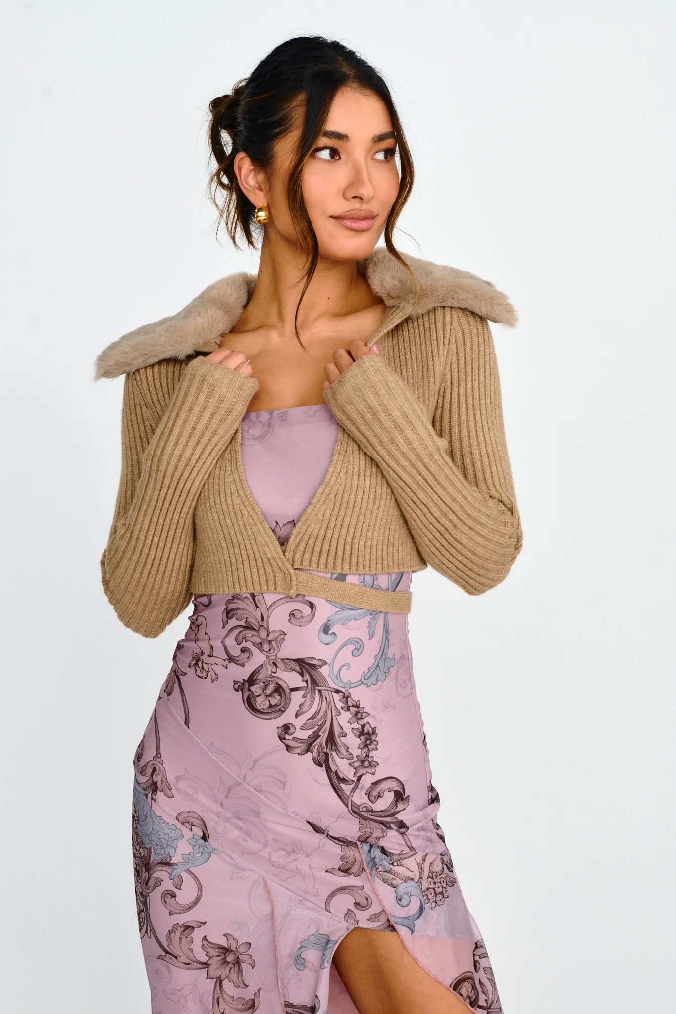 Hollyoak Fur Collar Knit Crop Top Oatmeal - Image 5