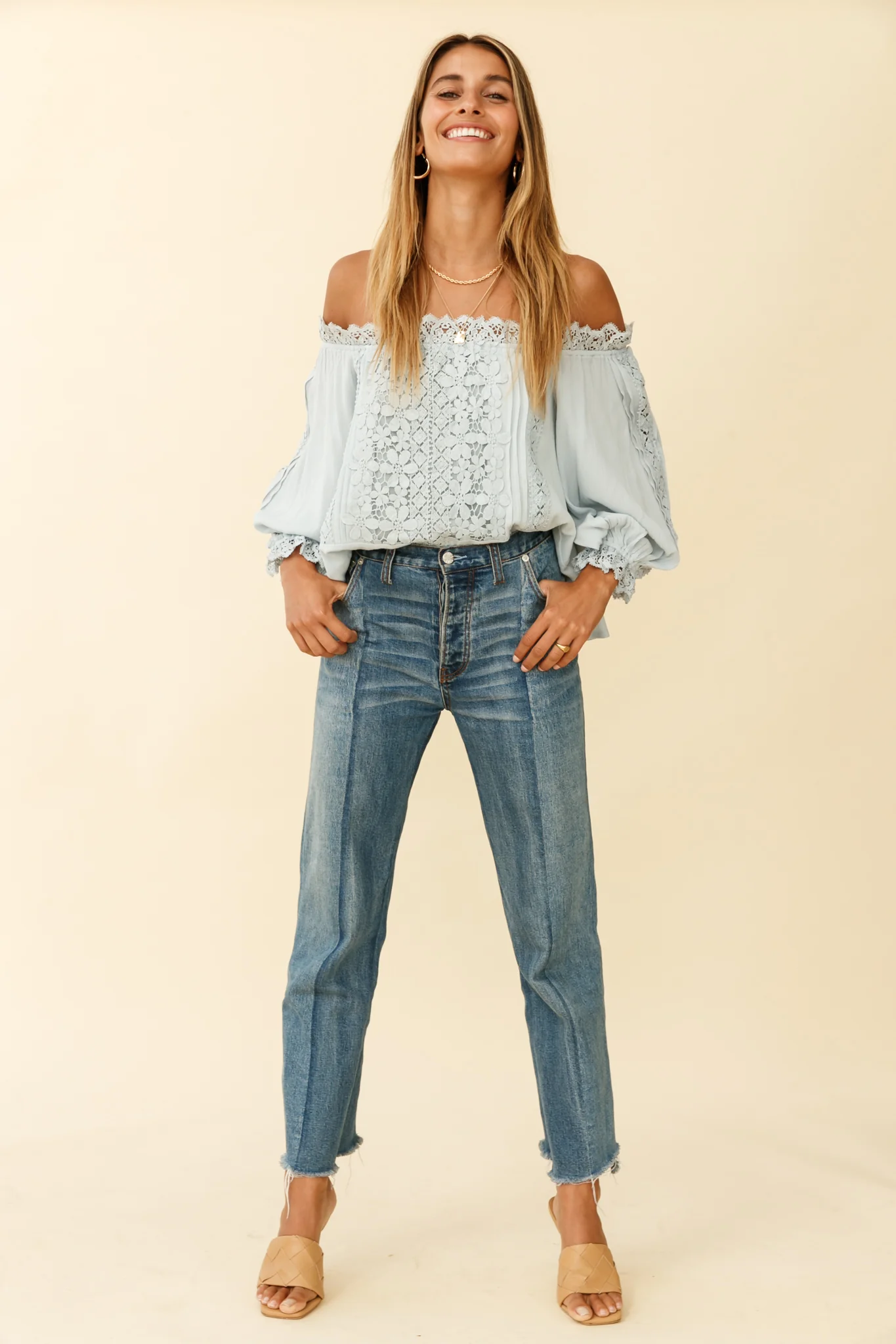 Homeward Off-Shoulder Lace Top Steel Blue - Image 6