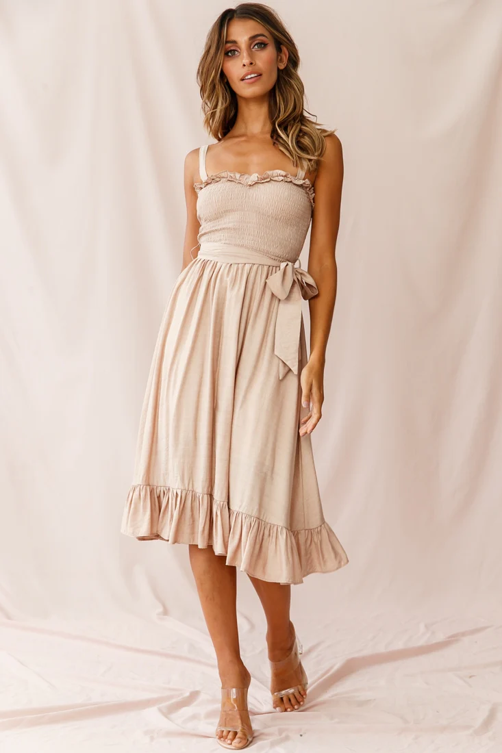 Honey Shirred Frill Midi Dress Mocha - Image 3