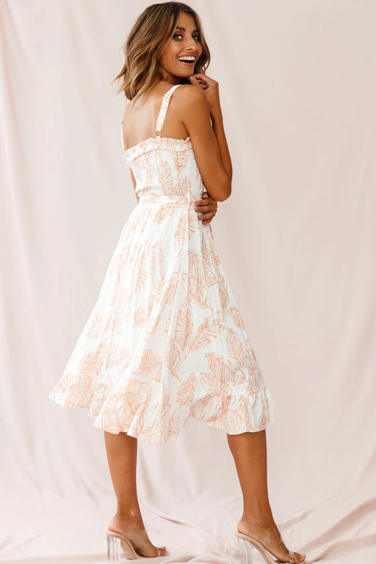 Honey Shirred Frill Midi Dress Nude Print - Image 3