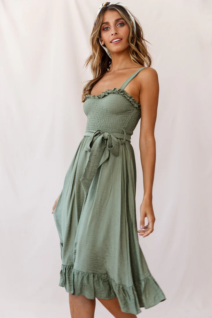 Honey Shirred Frill Midi Dress Olive - Image 5