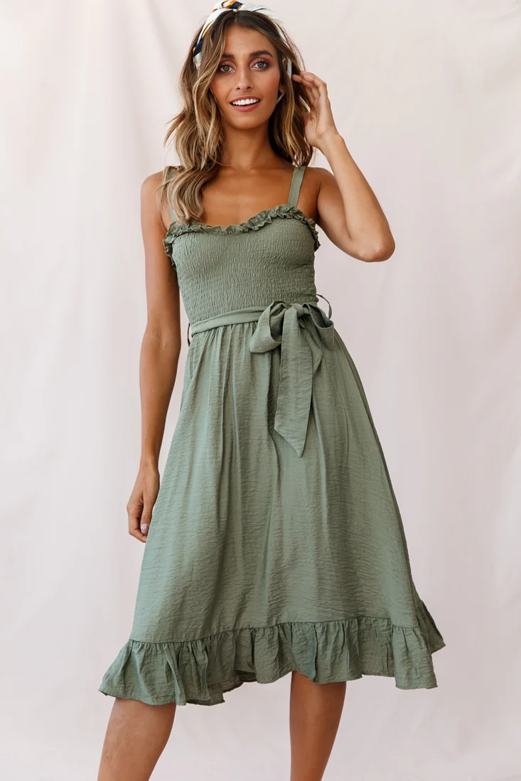 Honey Shirred Frill Midi Dress Olive - Image 6