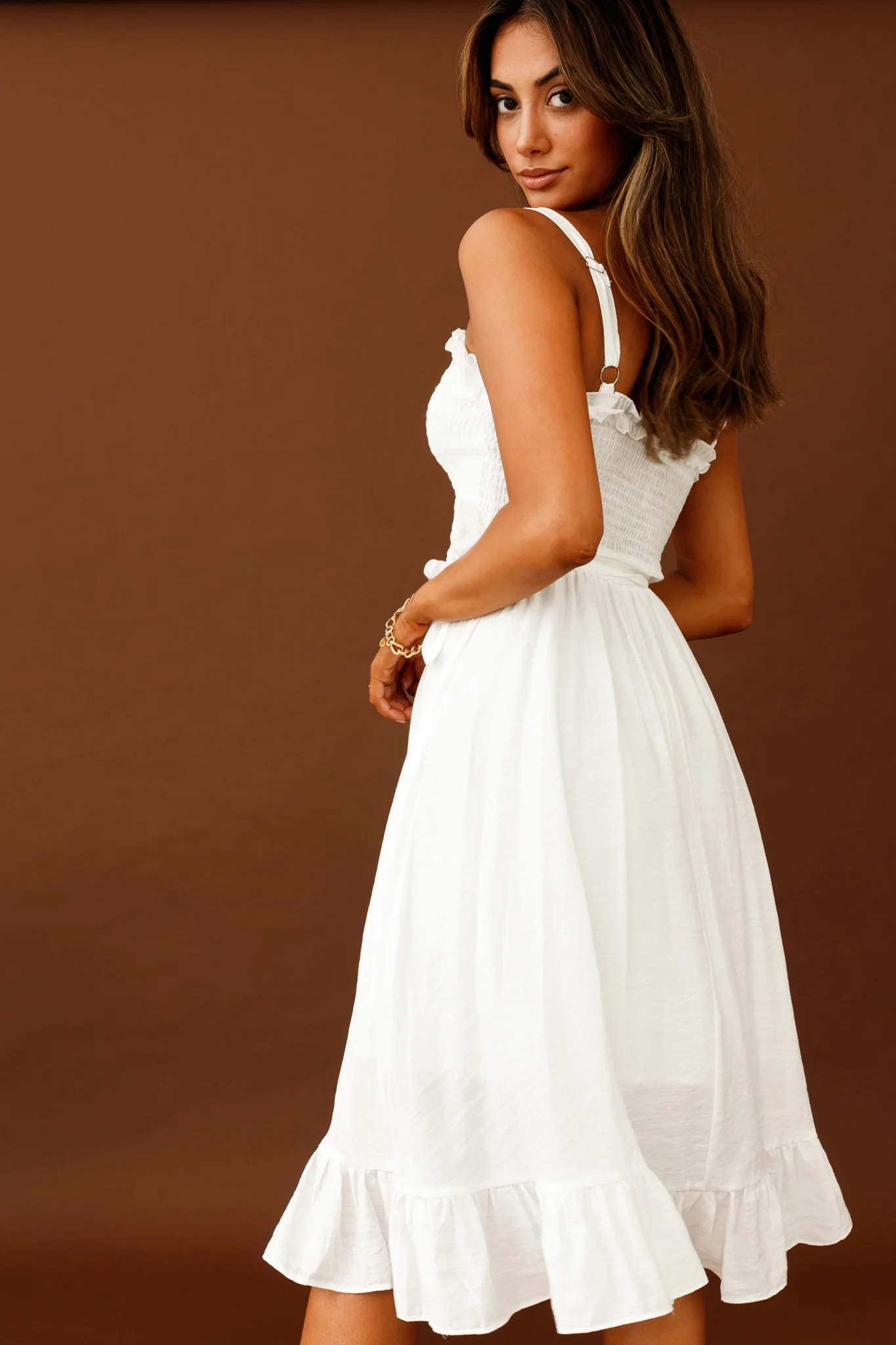 Honey Shirred Frill Midi Dress White - Image 2