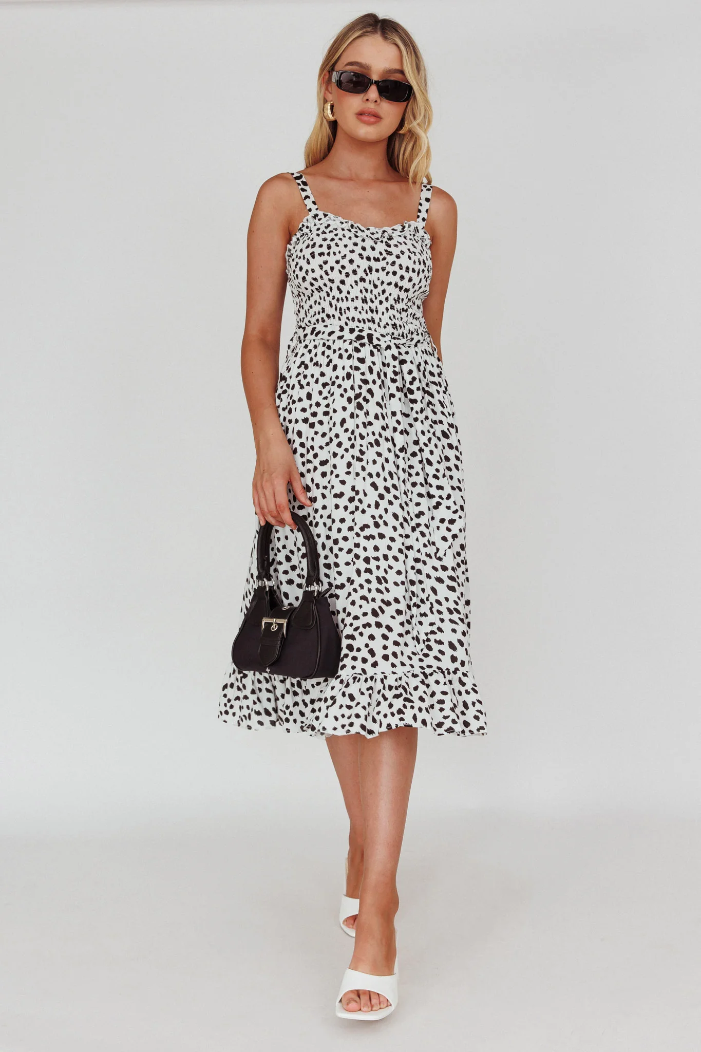 Honey Shirred Frill Midi Dress White/Black - Image 3
