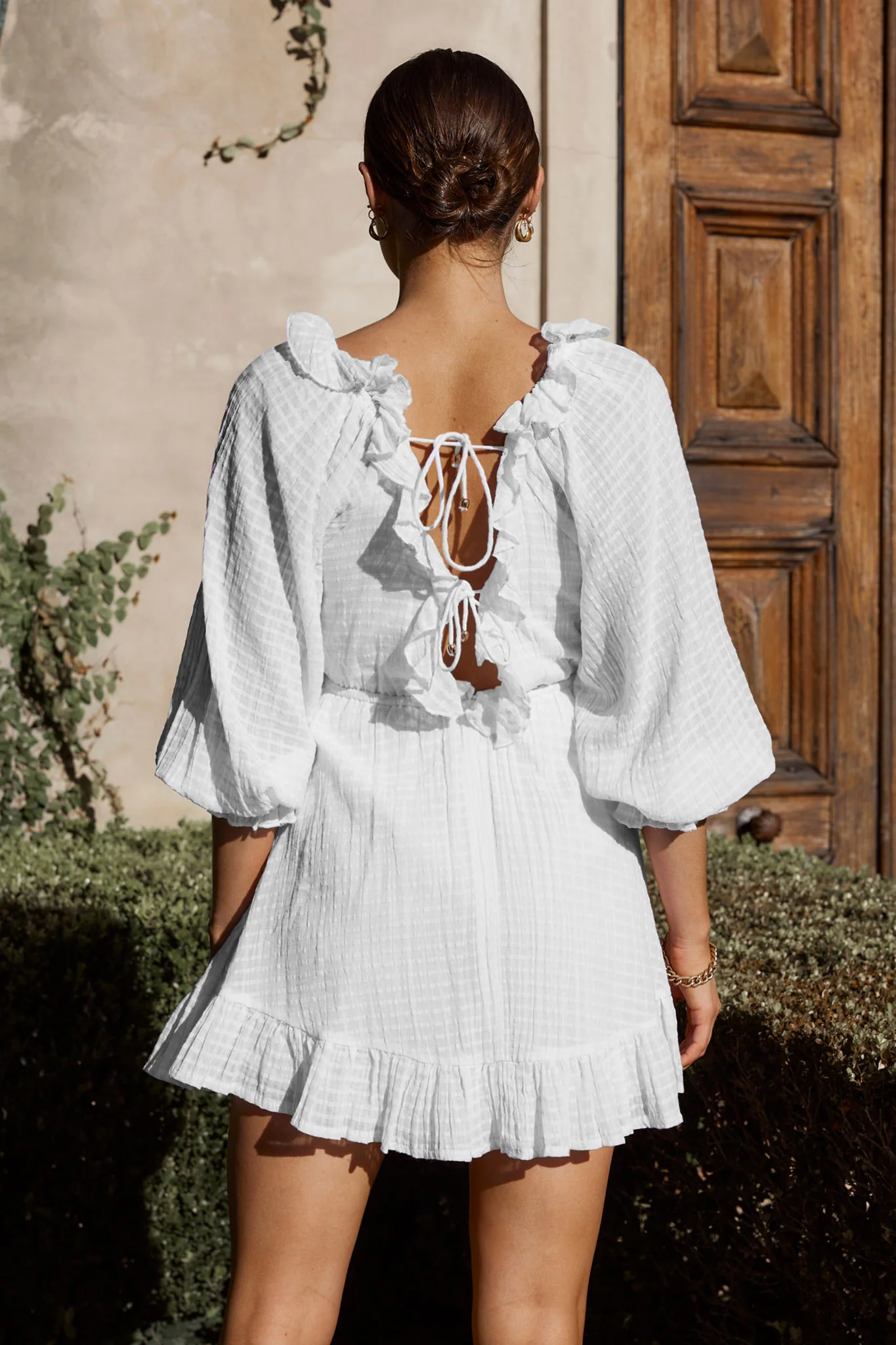 Hooked On A Feeling Long Sleeve String Tie Back Mini Dress White - Image 2