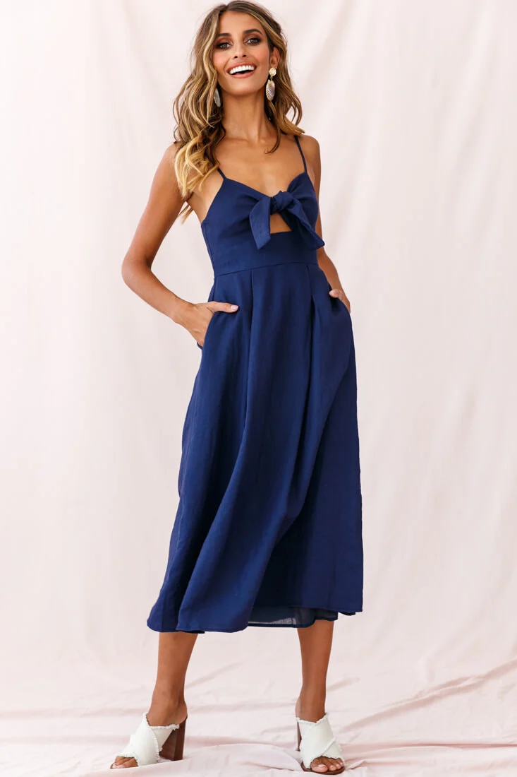 Hope Tie-Knot Bust Midi Dress Navy - Image 2
