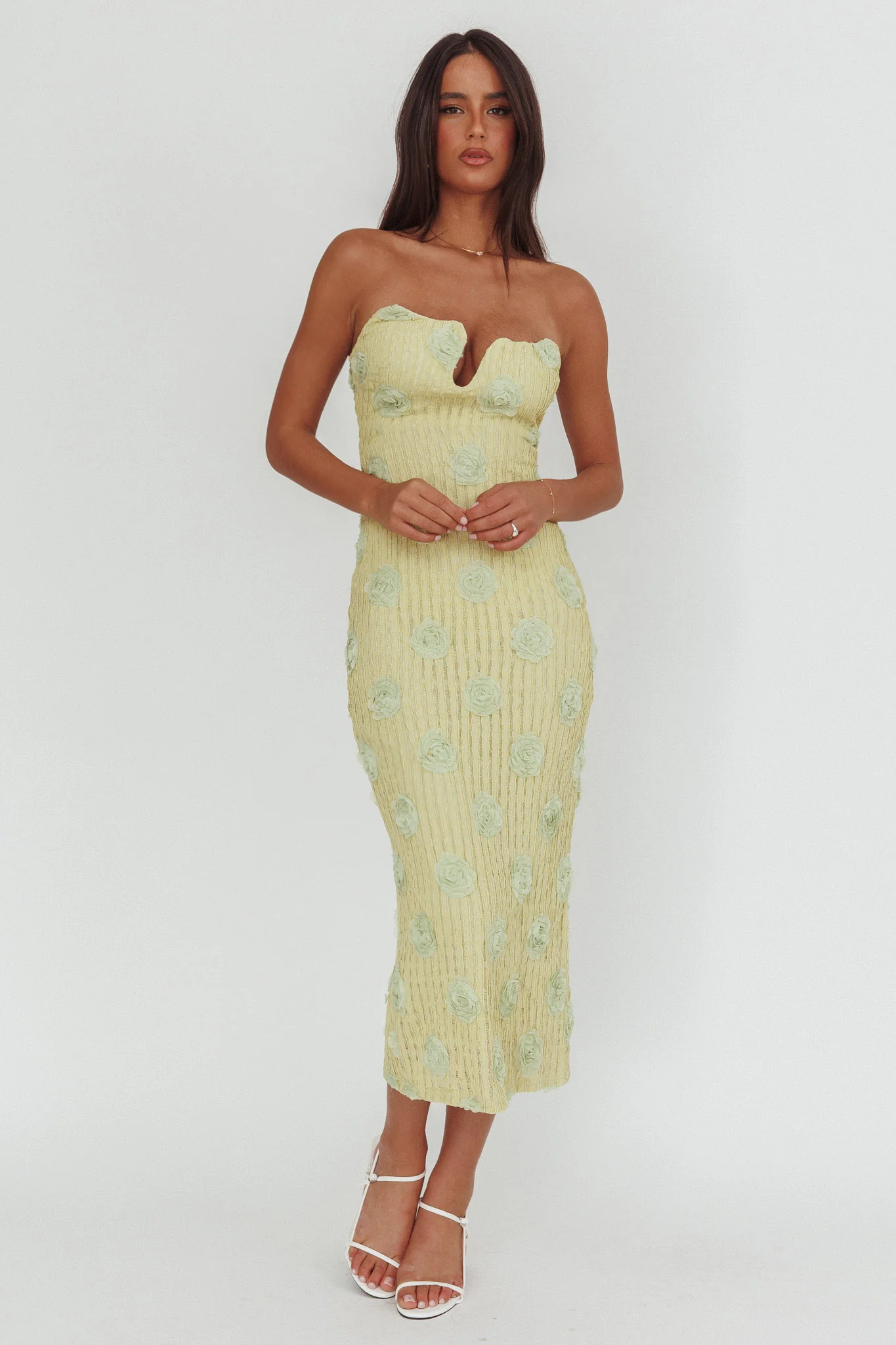 Horizon Strapless Textured Floral Midi Dress Green - Image 3