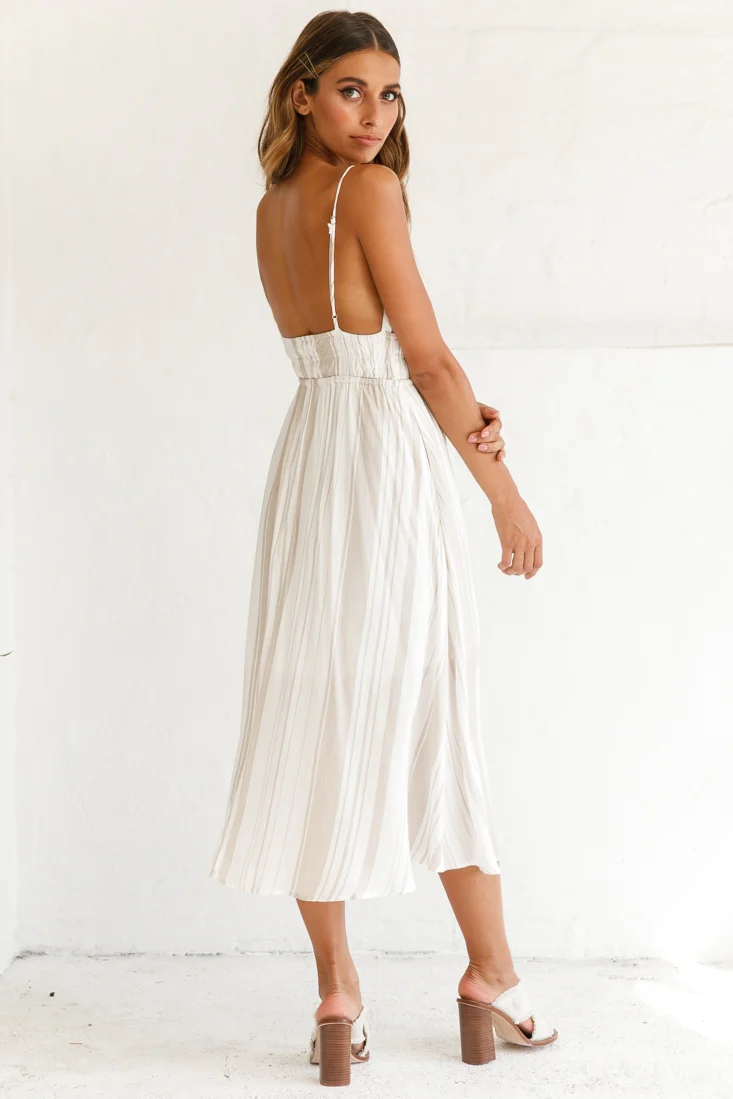 Hosanna Drawstring Detail Pocket Midi Dress Stripe Print Mocha - Image 3