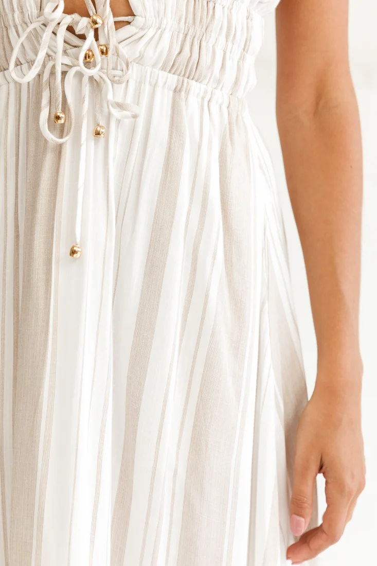 Hosanna Drawstring Detail Pocket Midi Dress Stripe Print Mocha - Image 4