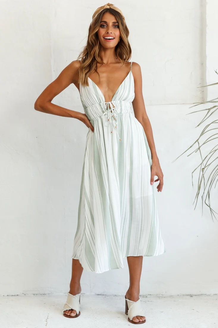 Hosanna Drawstring Detail Pocket Midi Dress Stripe Print Olive - Image 3