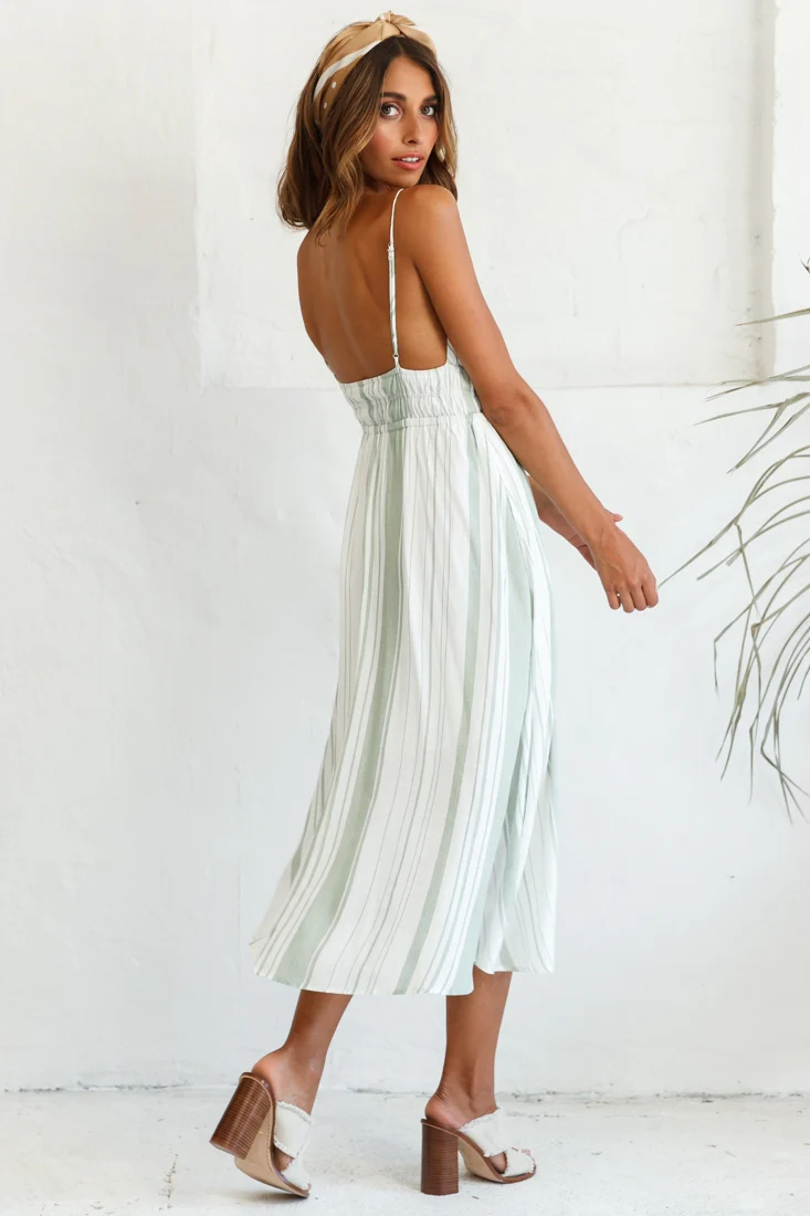 Hosanna Drawstring Detail Pocket Midi Dress Stripe Print Olive - Image 4