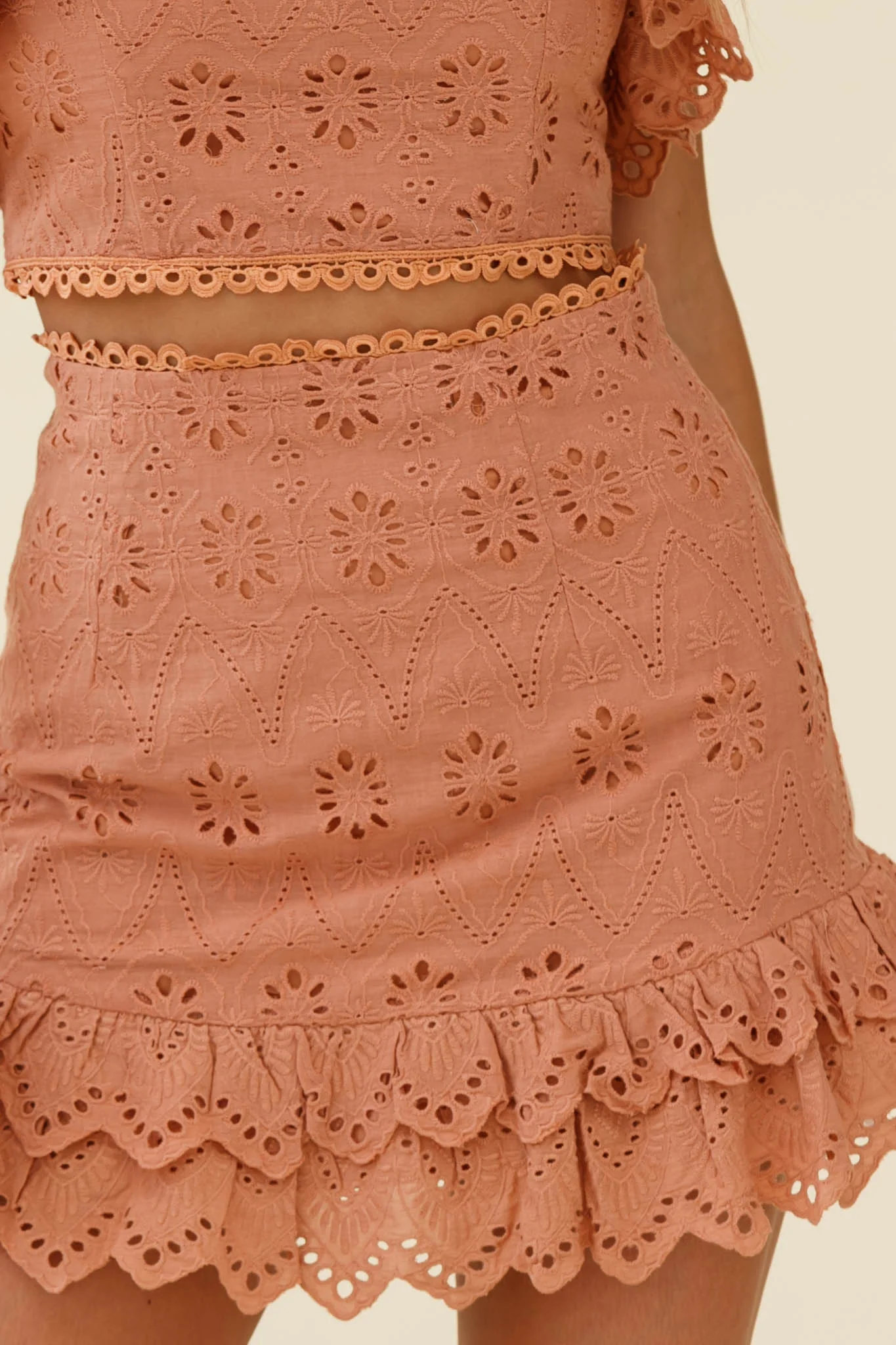 Houston Tied Shoulder Broderie Anglaise Top Tan - Image 6