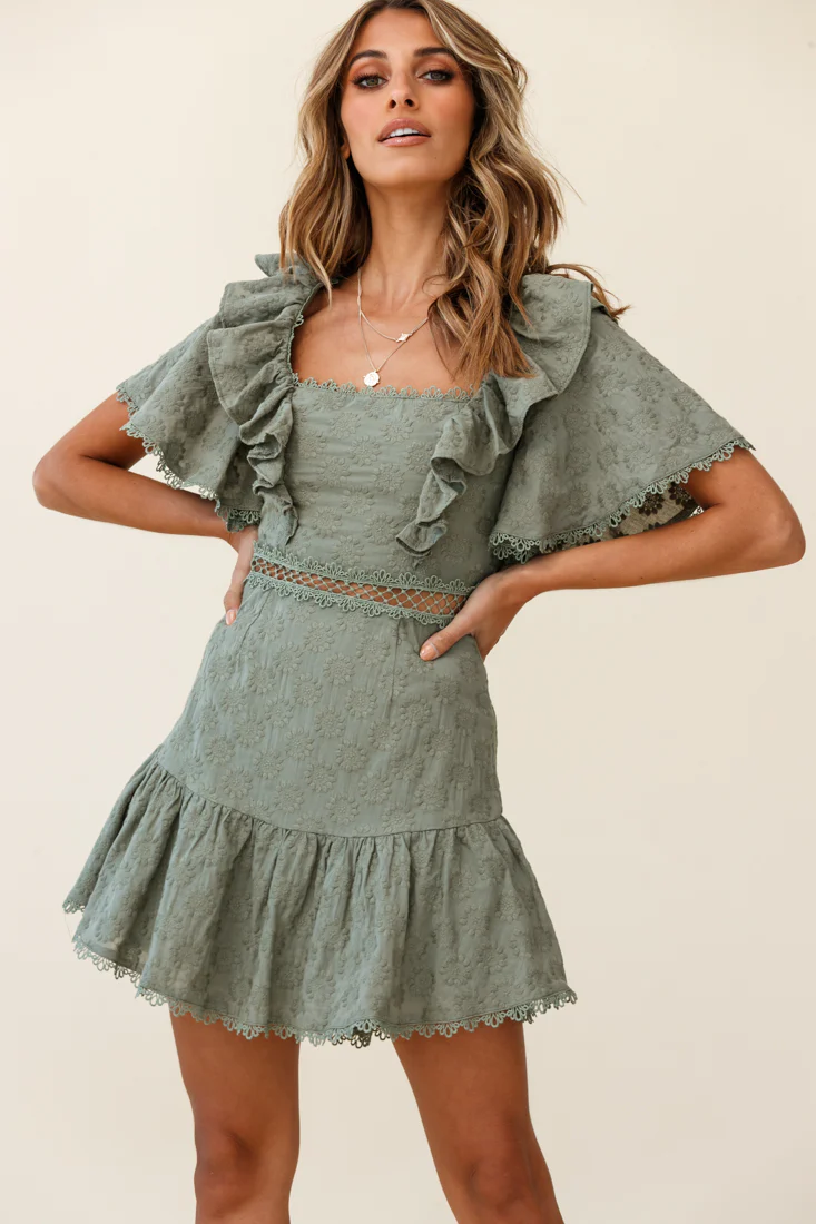 How Romantic Flounce Sleeve Lace-Up Back Dress Floral Embossed Olive - Image 5