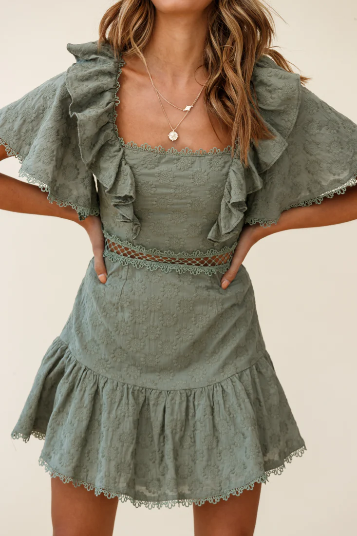 How Romantic Flounce Sleeve Lace-Up Back Dress Floral Embossed Olive - Image 7