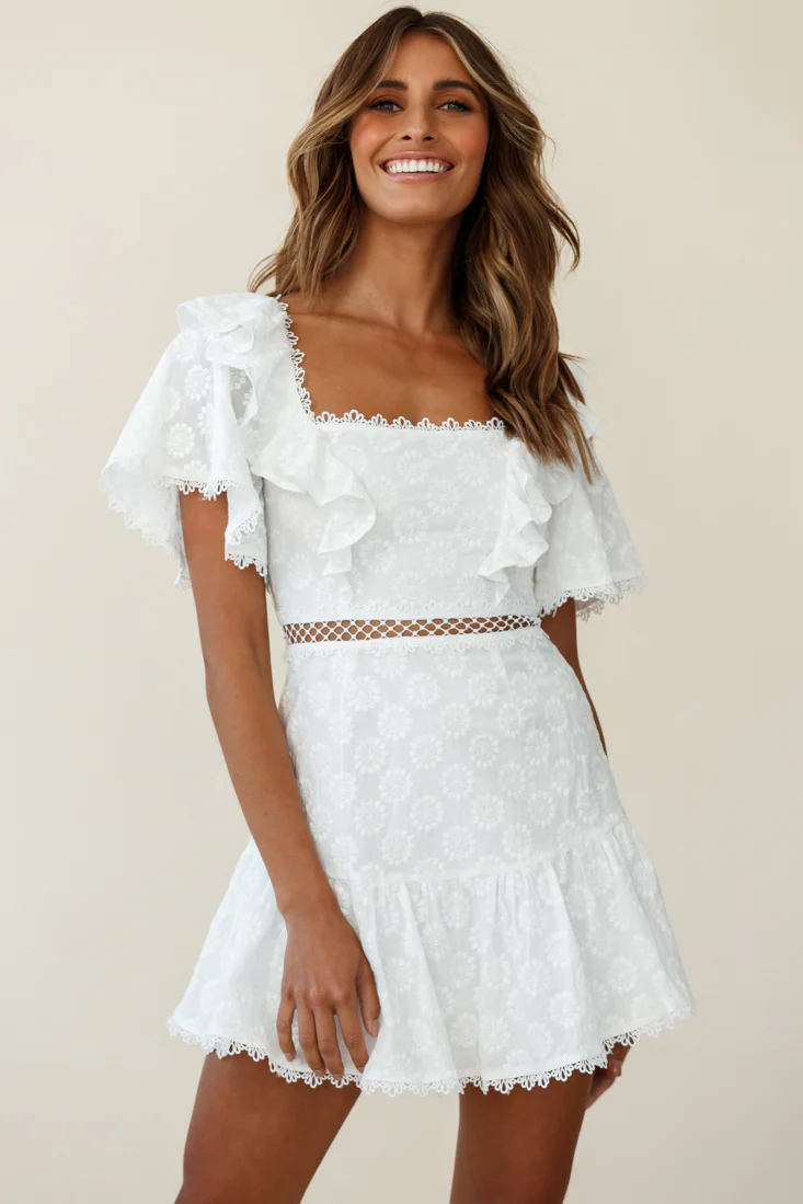 How Romantic Flounce Sleeve Lace-Up Back Dress Floral Embossed White - Image 5