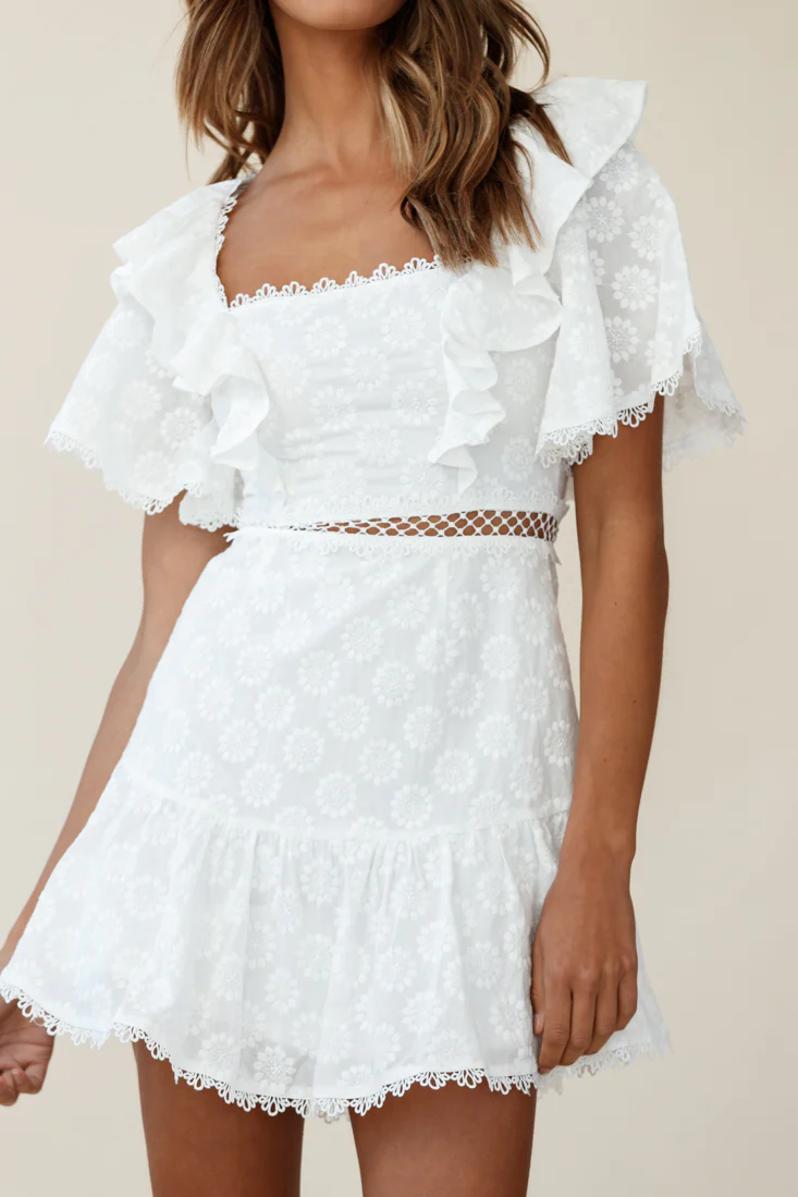 How Romantic Flounce Sleeve Lace-Up Back Dress Floral Embossed White - Image 6