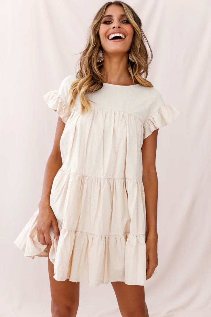 Hyacinth Ruffle Sleeve Smock Dress Beige - Image 2
