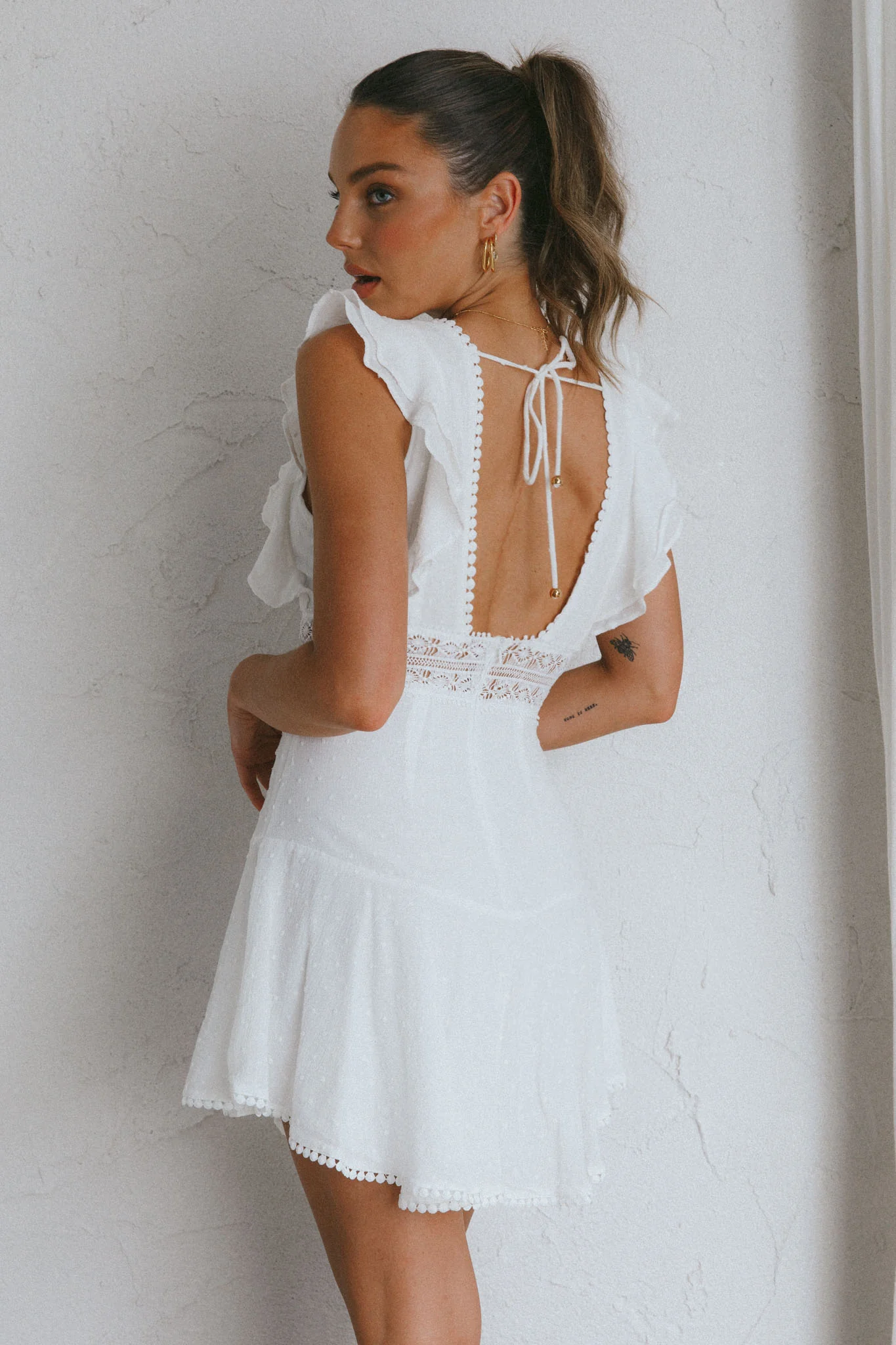 Idyllwild Ruffle Shoulder Mini Dress Off White - Image 2