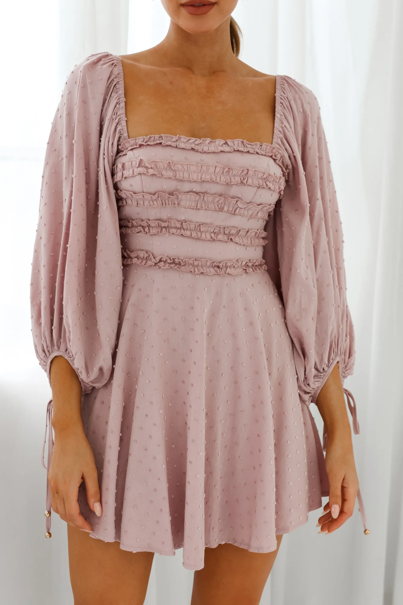 Illia Three-Quarter Balloon Sleeve Frill Bodice Dress Mauve - Image 4