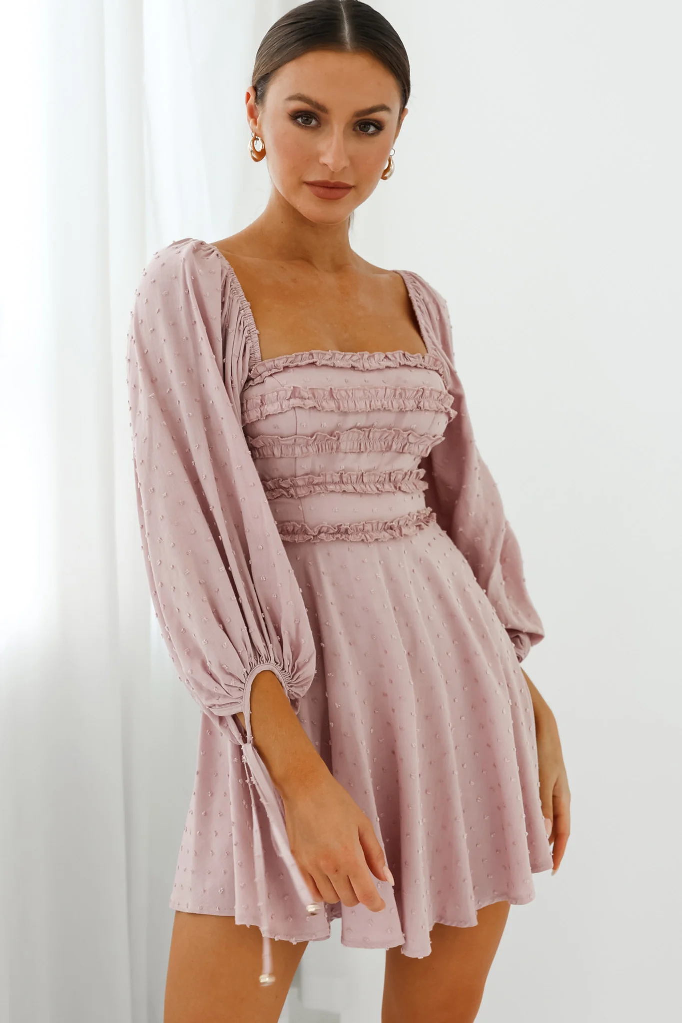 Illia Three-Quarter Balloon Sleeve Frill Bodice Dress Mauve - Image 6
