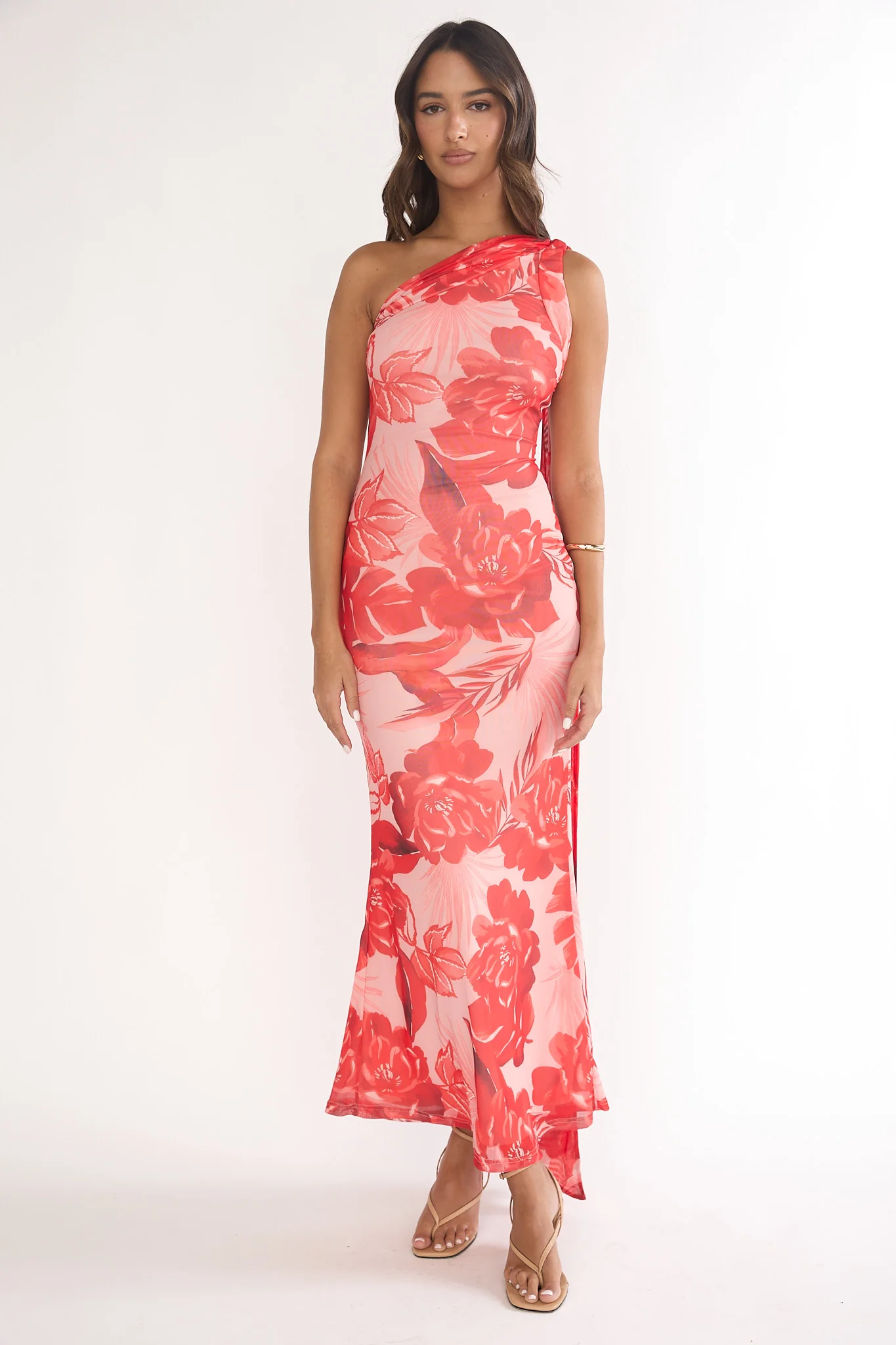 Ilyse Neck Scarf One-Shoulder Maxi Dress Floral Red - Image 5