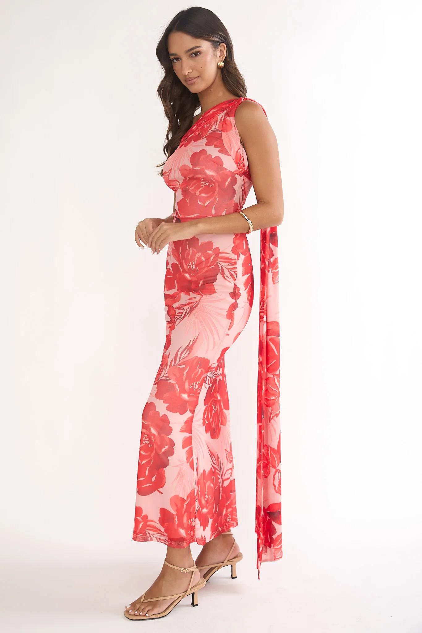 Ilyse Neck Scarf One-Shoulder Maxi Dress Floral Red - Image 7