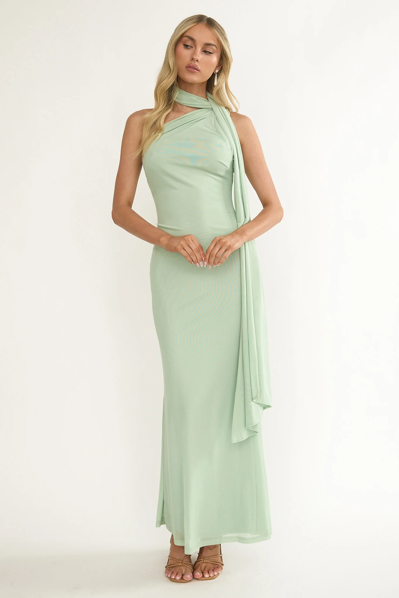 Ilyse Neck Scarf One-Shoulder Maxi Dress Mint - Image 5