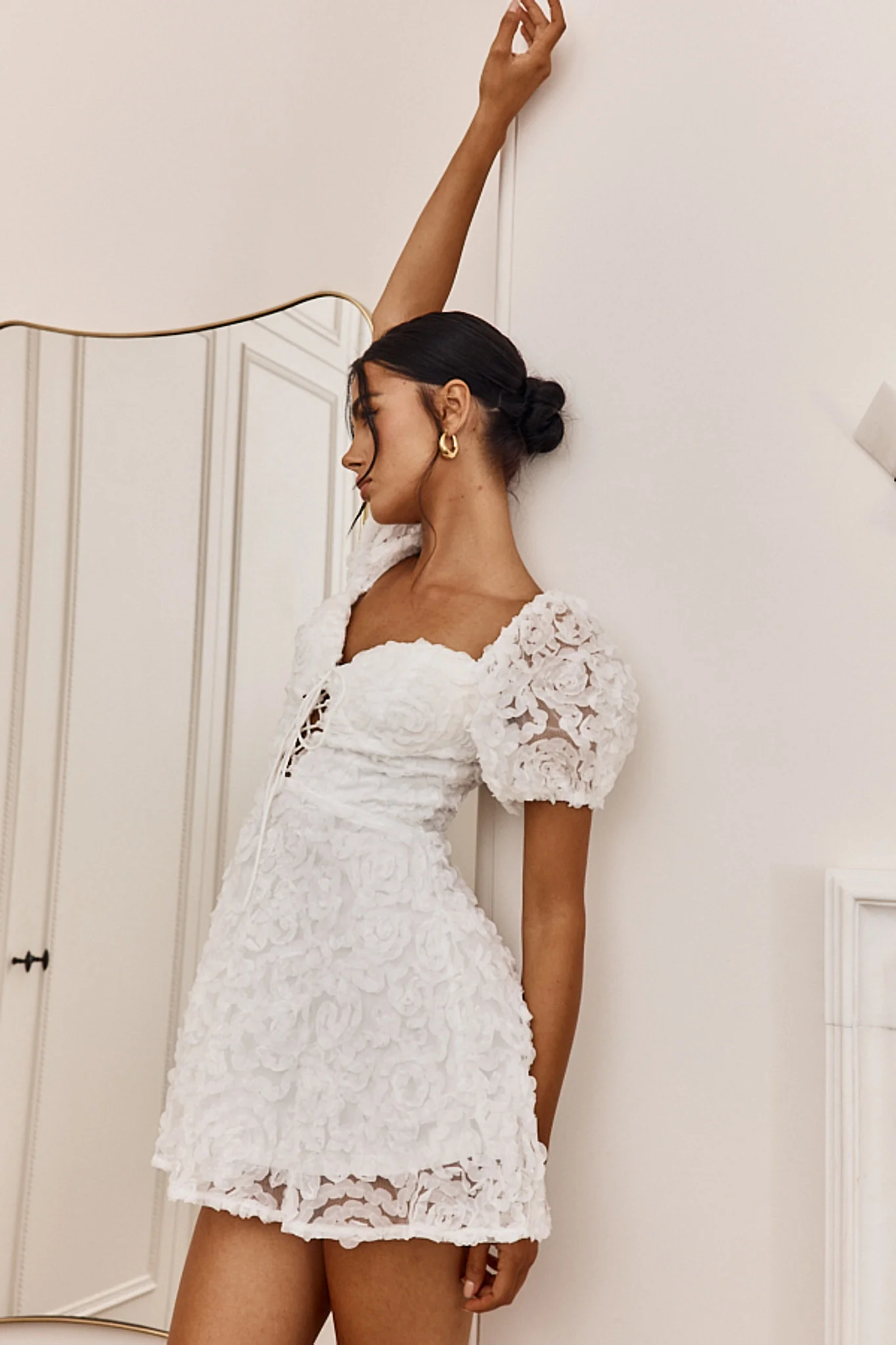 Imogen Laced Bodice Embellished Mini Dress Off White - Image 5
