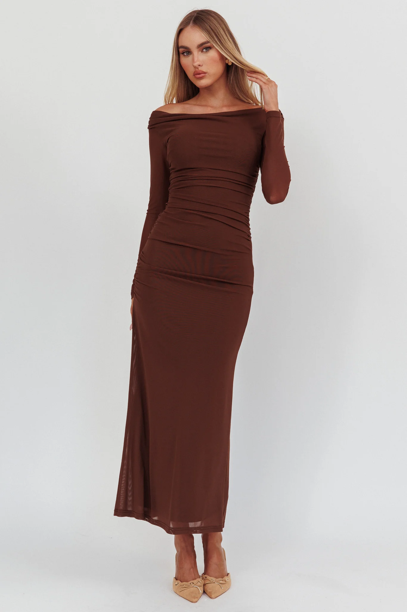 In Blooms Off Shoulder Mesh Maxi Dress Chocolate - Image 4