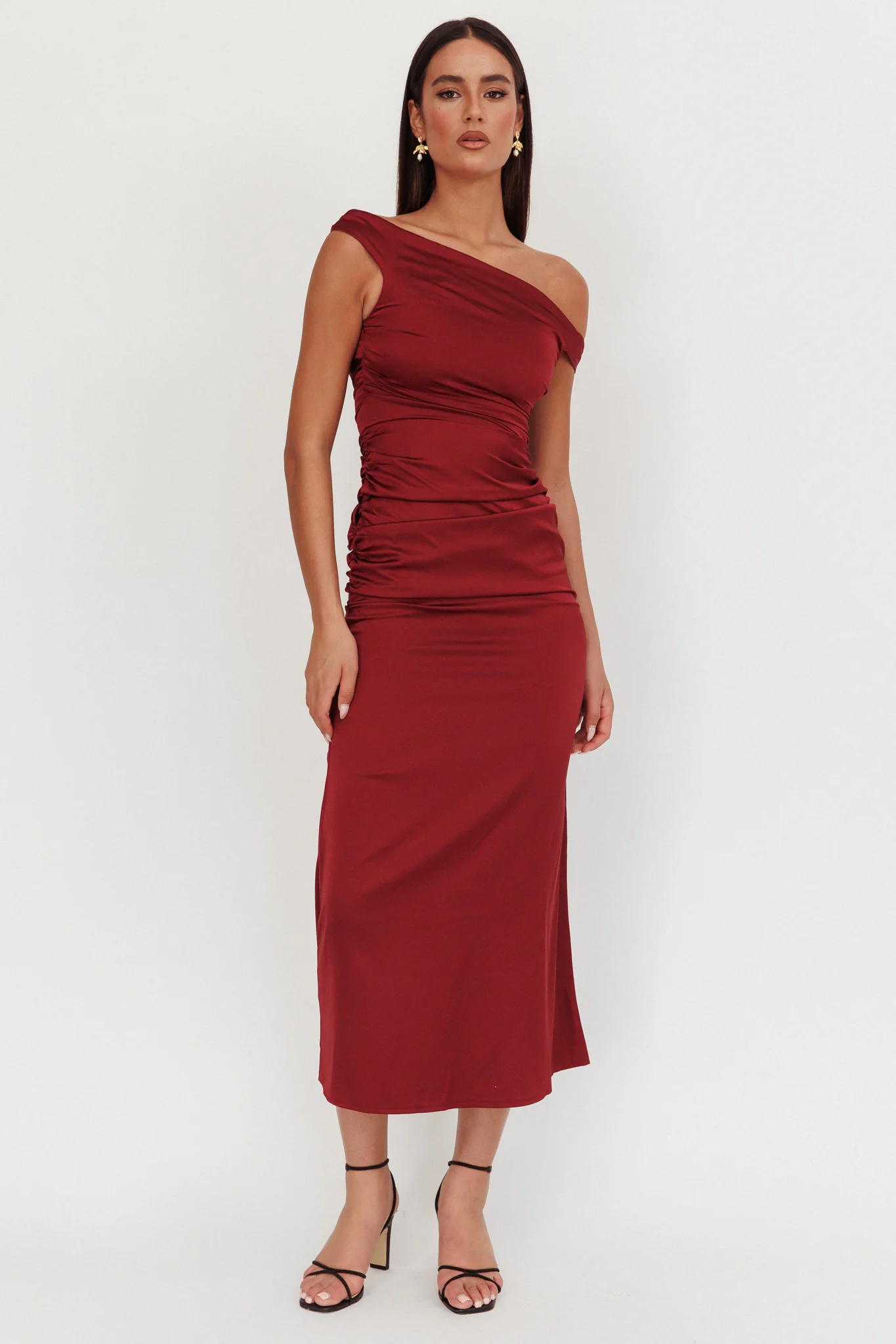 In Blooms Off Shoulder Satin Maxi Dress Wine - Image 4