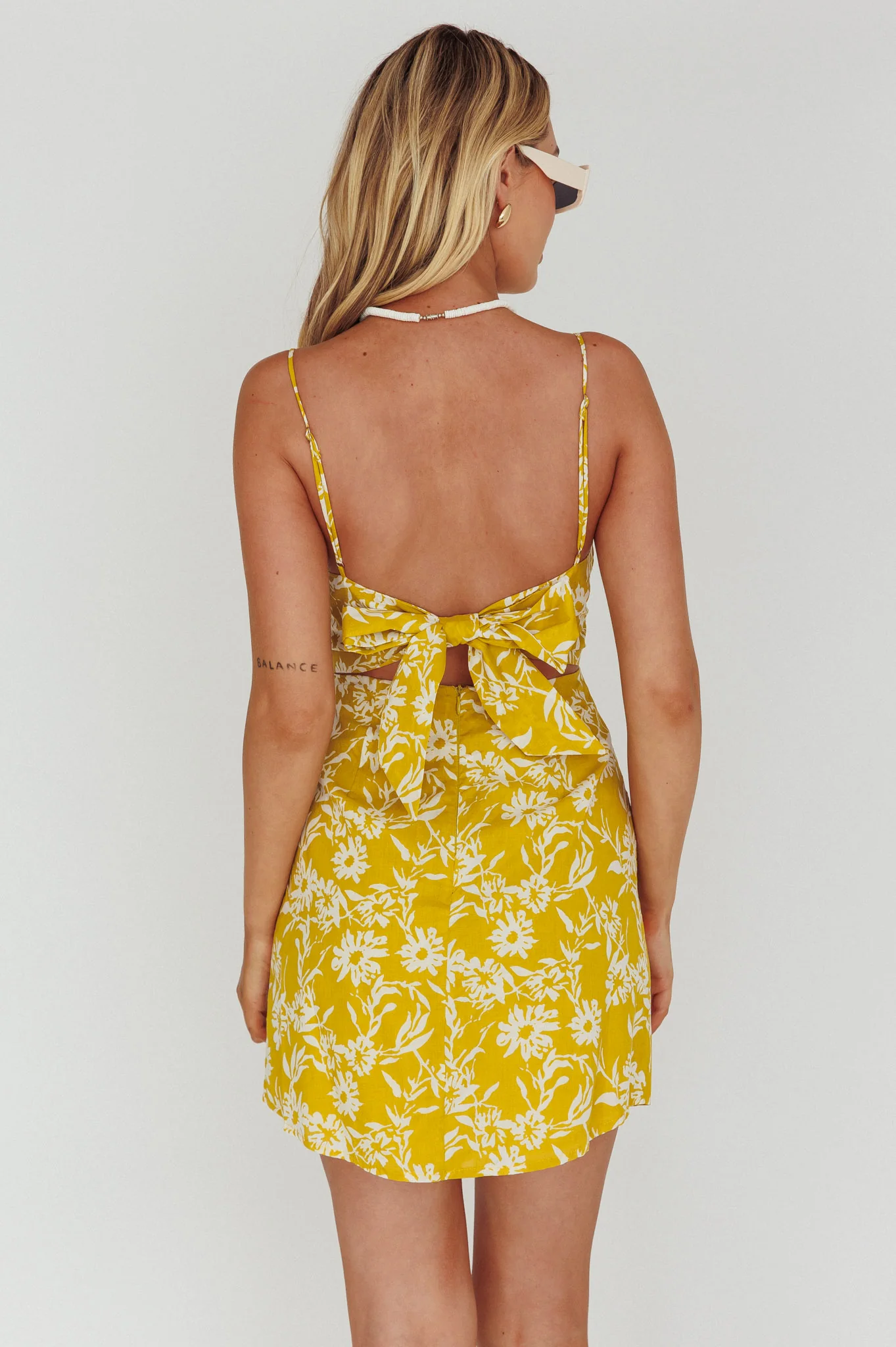 Inana Tied Back Mini Dress Floral Yellow - Image 2