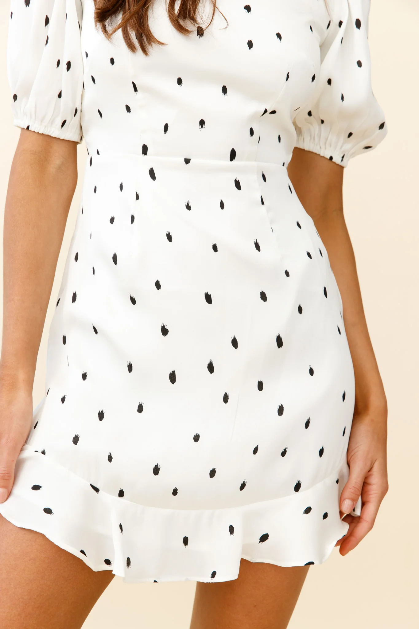 Indiana Puff Sleeve Lace-Up Back Dress Spot Print White - Image 4