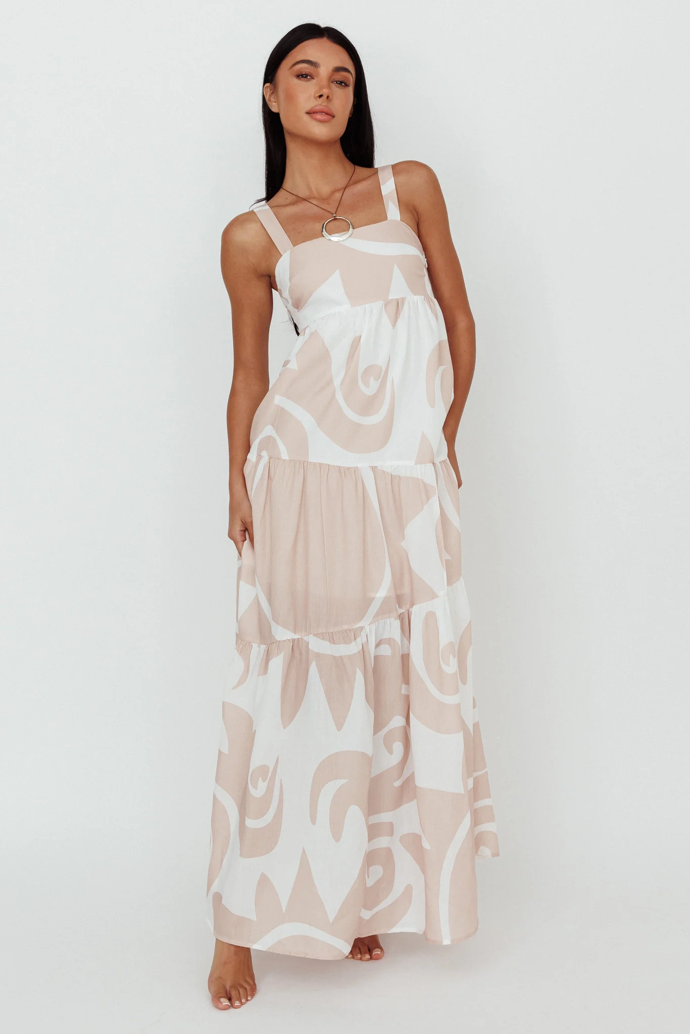 Indianna Square Neckline Maxi Dress Printed Sand/White - Image 3