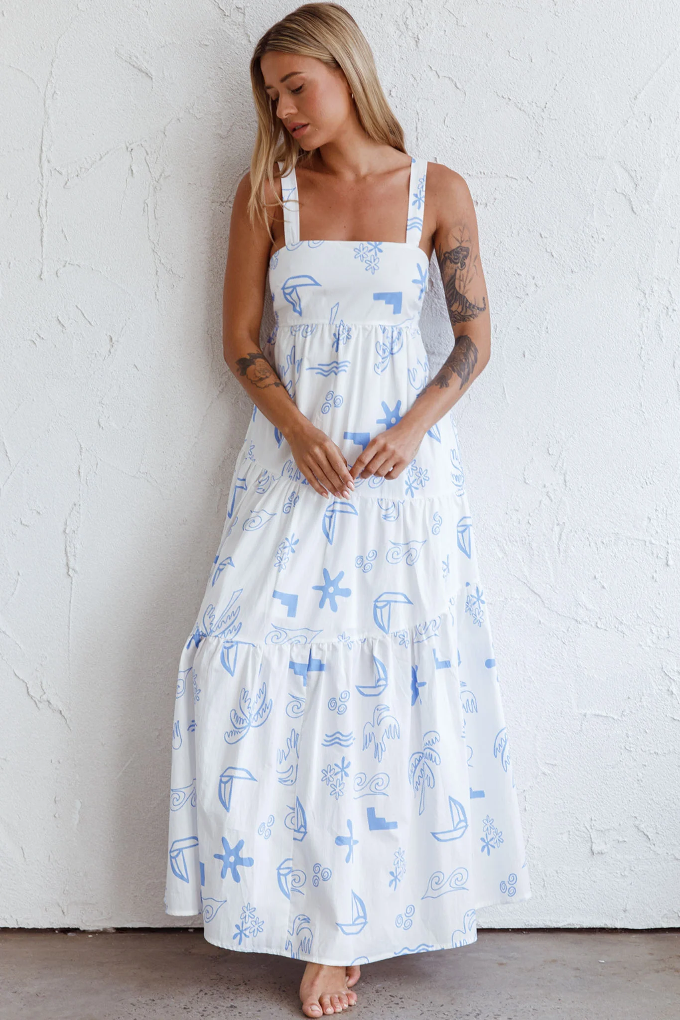 Indianna Square Neckline Maxi Dress Printed White - Image 7