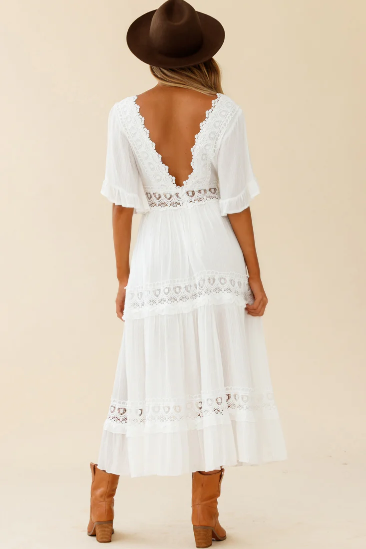 Indio Crochet Insert Deep V-Neckline Angel Sleeve Maxi Dress White - Image 3