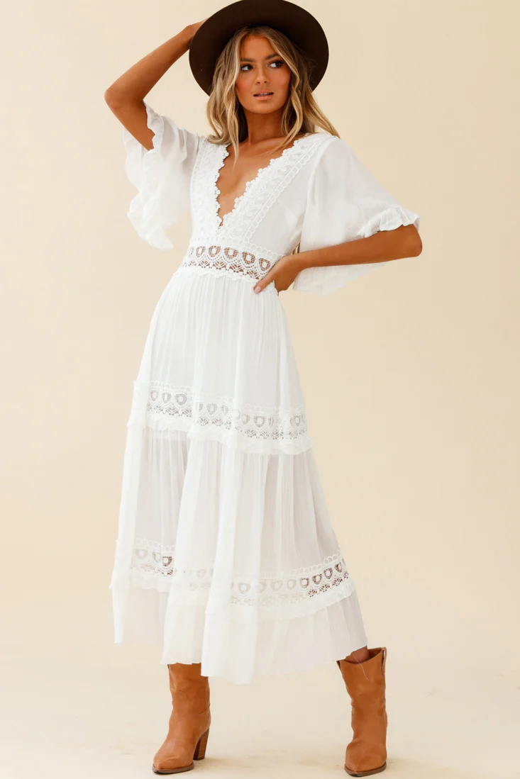 Indio Crochet Insert Deep V-Neckline Angel Sleeve Maxi Dress White - Image 4