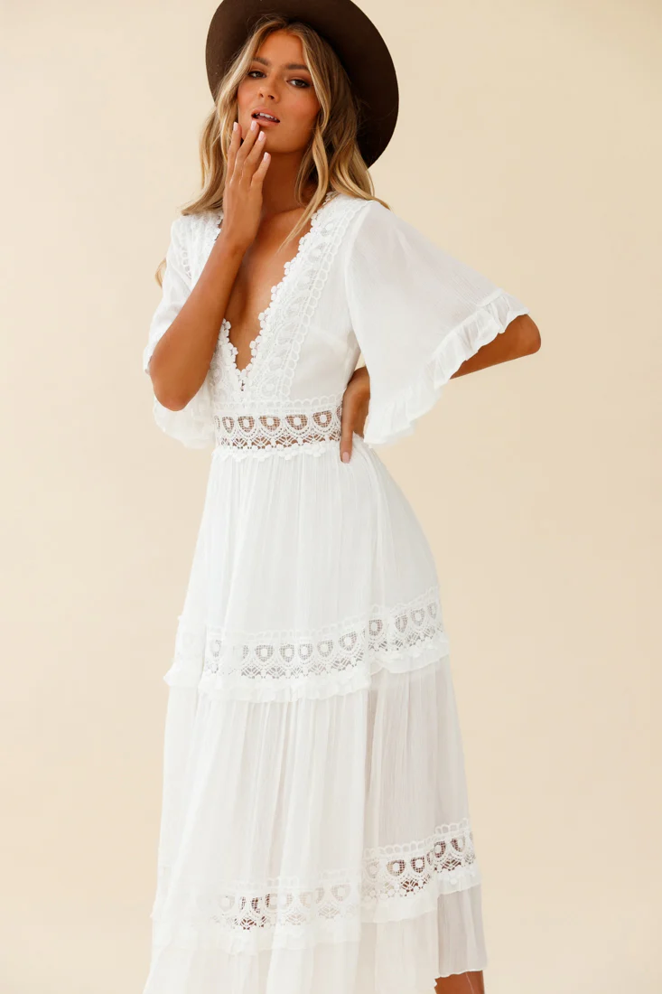 Indio Crochet Insert Deep V-Neckline Angel Sleeve Maxi Dress White - Image 6
