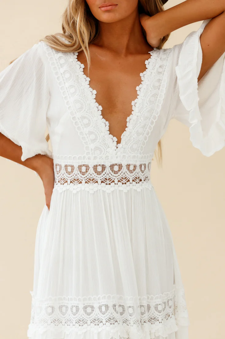 Indio Crochet Insert Deep V-Neckline Angel Sleeve Maxi Dress White - Image 7