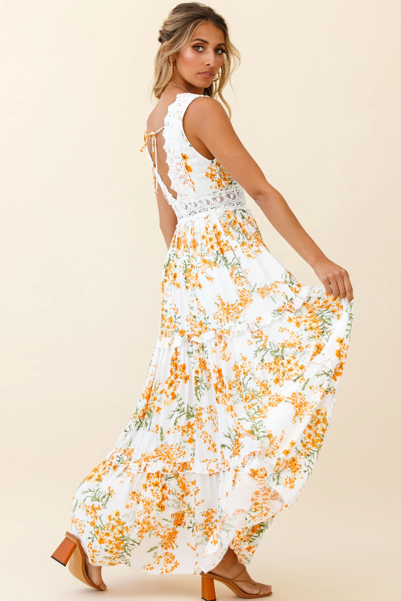 Indio Crochet Insert Deep V-Neckline Maxi Dress Floral Print White/Orange - Image 2