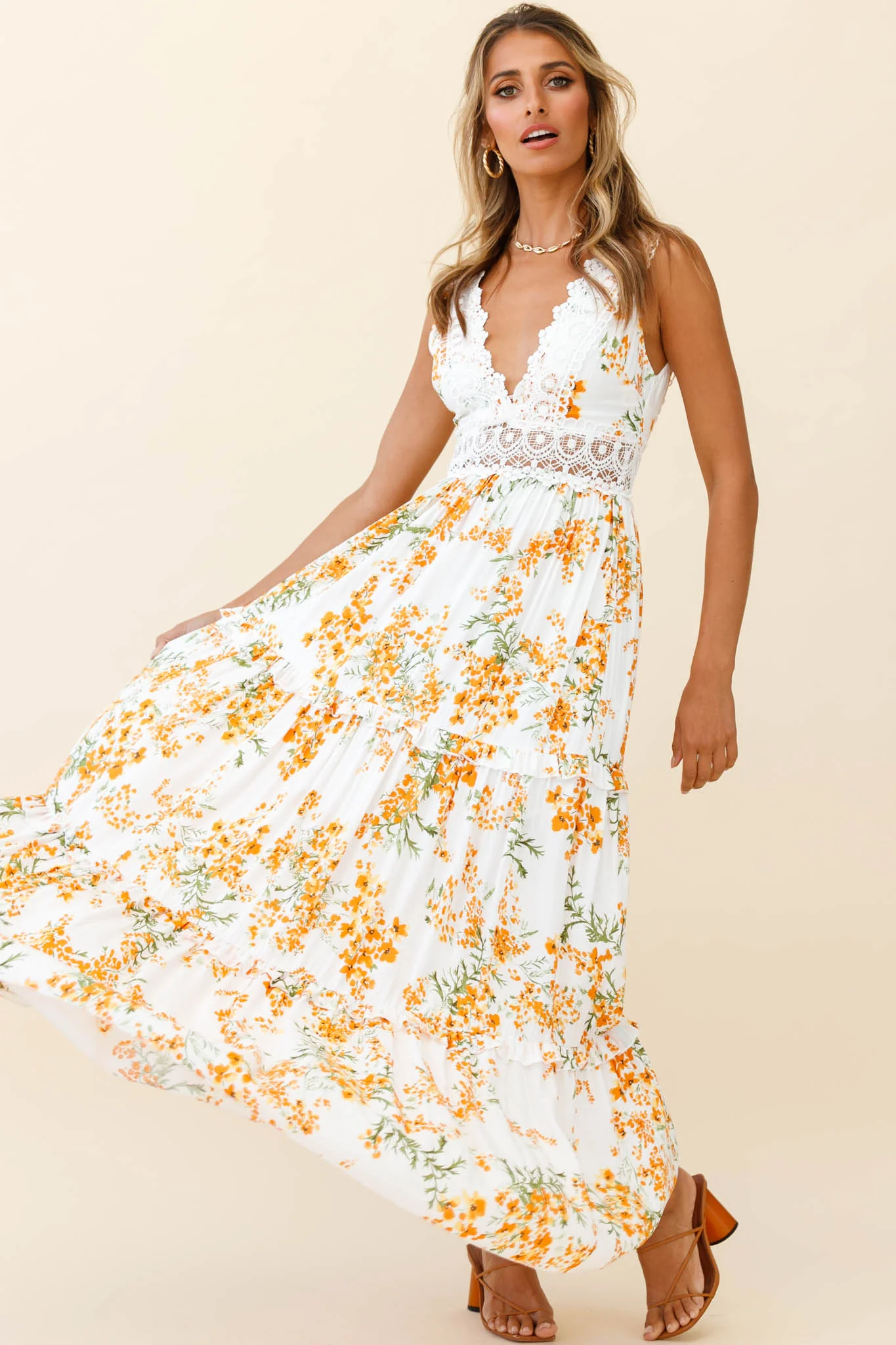 Indio Crochet Insert Deep V-Neckline Maxi Dress Floral Print White/Orange - Image 5