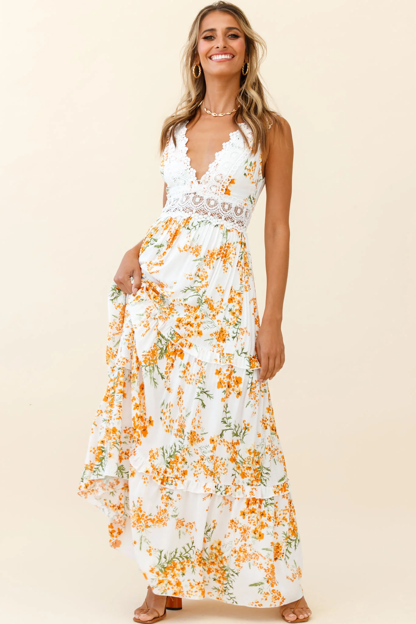 Indio Crochet Insert Deep V-Neckline Maxi Dress Floral Print White/Orange - Image 6