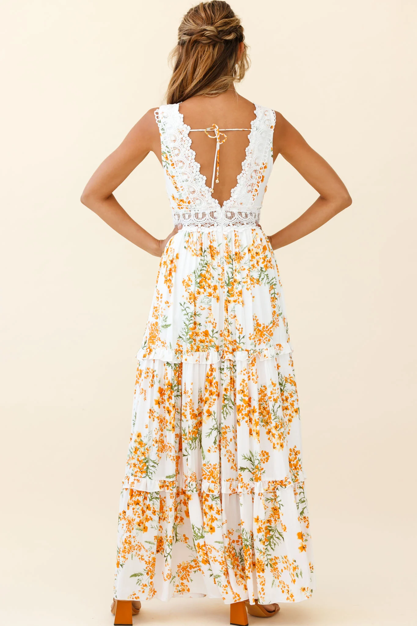 Indio Crochet Insert Deep V-Neckline Maxi Dress Floral Print White/Orange - Image 7